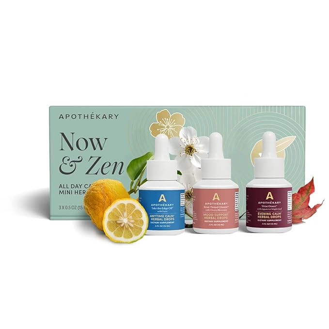 Apothékary Now &amp Zen Starter Set Mini Herbal Liquid Drops Take The Edge Off With Yuzu Rosé-Tinted Glasses with Cherry Blossom and Wine Down with Japanese Maple Leaf Non-Alcoholic 15ml Pack