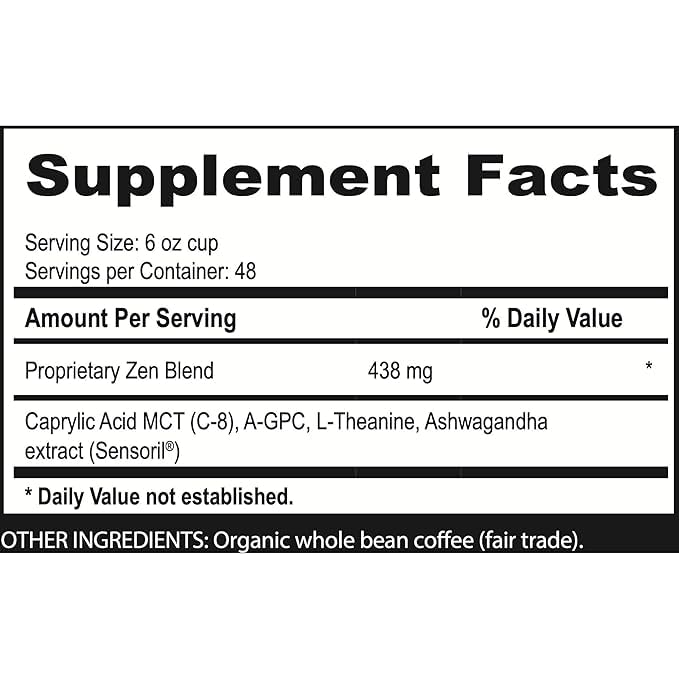 Brain Bean Zen-Blend Organic Coffee Whole Bean with Caprylic Acid MCT (C-8) A-GPC L-Theanine &amp Ashwagandha Extract - Premium Grade Organic Coffee Beans for Focus &amp Calm Support -16 Oz (3-Pac