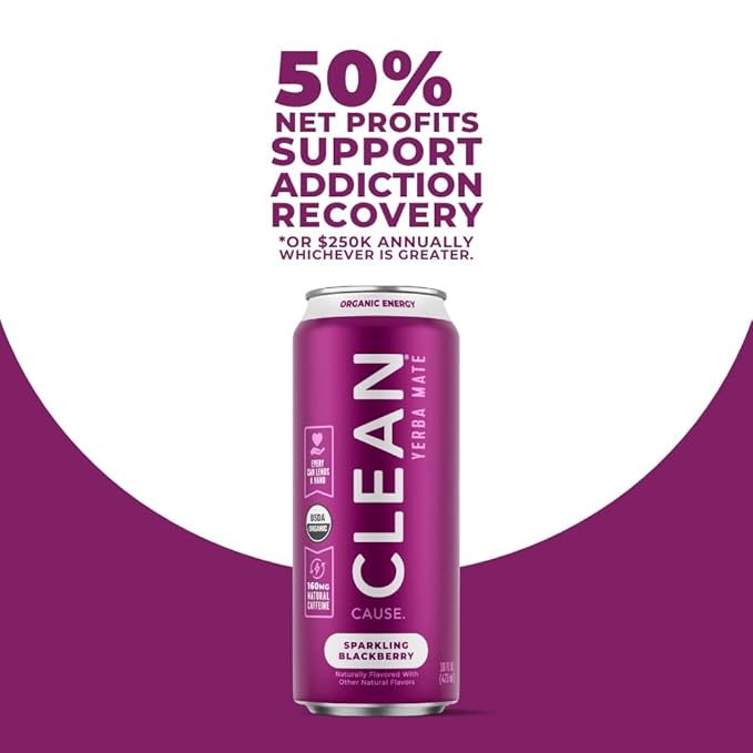 CLEAN Cause Low Calorie Raspberry and Blackberry USDA Organic Sparkling Yerba Mate Tea (16oz cans 2-12-Pack Case) Low Sugar 160mg Caffeine Healthy Alternative to Soda &amp Energy Drinks.