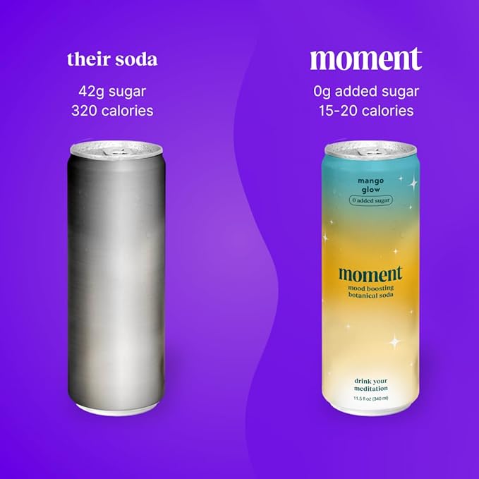Moment Botanical Soda Soft Drink (Shark Tank) - SPARKLING Drinks | Fruity Fun | L-Theanine &amp Ashwagandha for Calm &amp Clarity | 0 Added Sugar 0 Caffeine | 24-pack