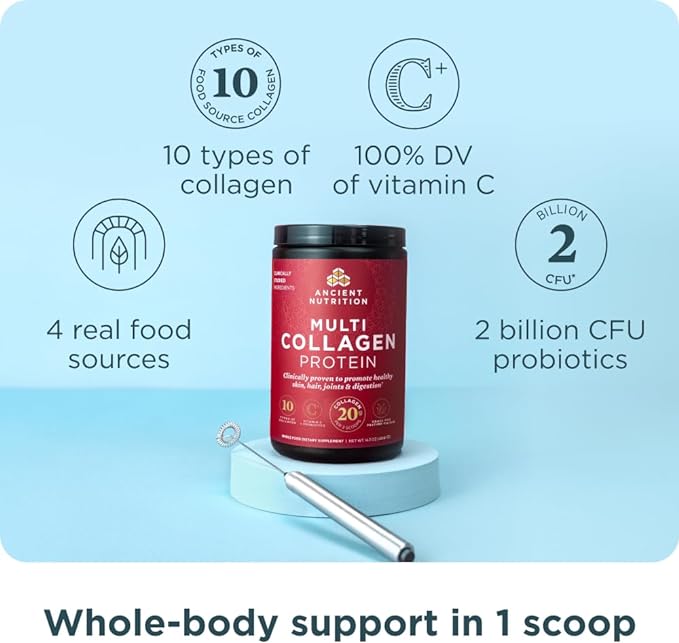 Ancient Nutrition Multi Collagen Peptides Protein Powder Unflavored 40 Servings + Multi Collagen Peptides Protein Capsules 45 Count