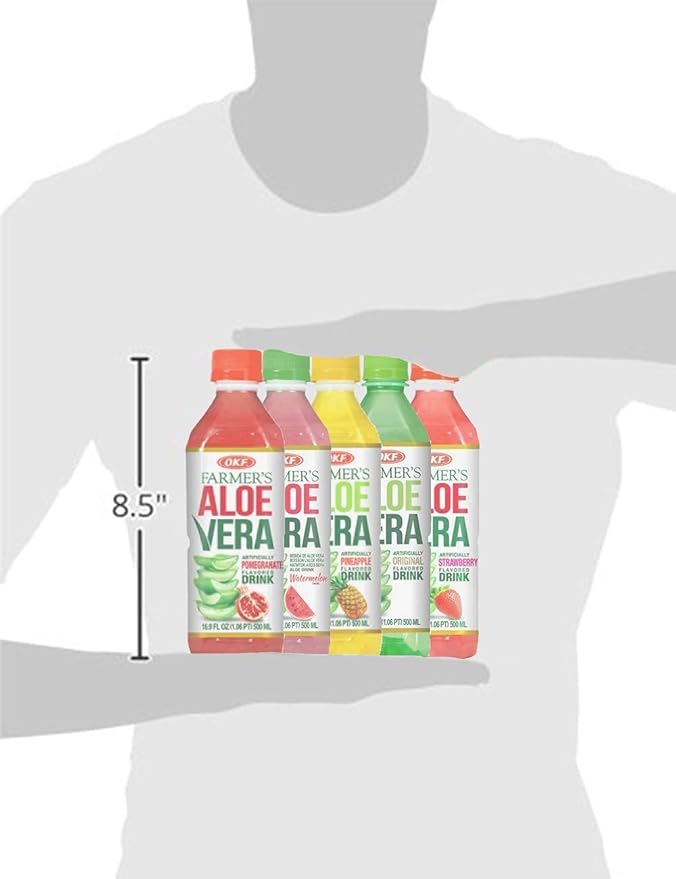 OKF Farmer's Aloe Vera Drink Flavored Variety Pack - Original Pomegranate Pineapple Strawberry Watermelon Flavored Aloe Drinks (16.9oz/500ml Bottles 10 Count)