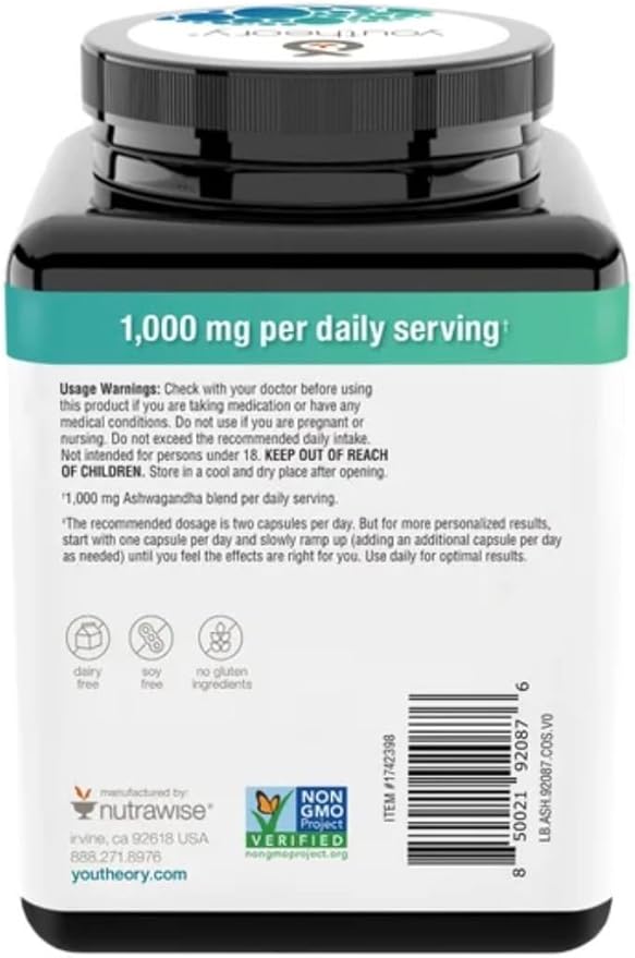 Youtheory Ashwagandha 1000mg with KSM-66 - Helps Support a Healthy Stress Response180 Capsules (Pack of 1)