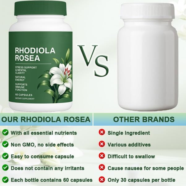 Floraviva Rhodiola Rosea Capsules | 500mg Rhodiola Rosea Extract Supplement for Stress Support Mental Focus &amp Energy Immune Function Non-GMO 60 Capsules