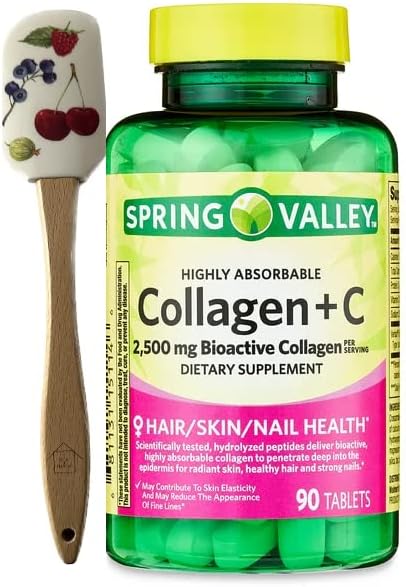 Spring Valley Highly Absorbable Collagen + C Tablets Dietary Supplement 2500 mg 90 Count + 1 Nick &amp Hannah Spatula (Stye Varies)