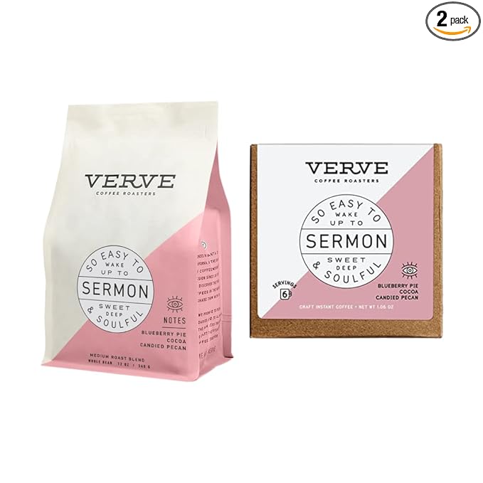 Verve Coffee Roasters Sermon Blend Whole Bend &amp Instant Coffee Bundle | Medium Roast Brewed or Espresso Direct Trade Resealable Pouch | Enjoy Hot or Cold Brew | Ideal for French Press