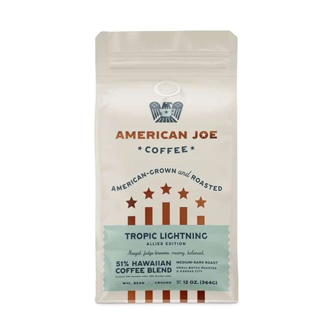 American Joe Coffee Tropic Lightning 51% US Grown Specialty Coffee Roasted in Kansas City Medium-Dark | Whole Bean 12oz Gourmet Artesian Grade American Grown American Made Hawaiian Coffee