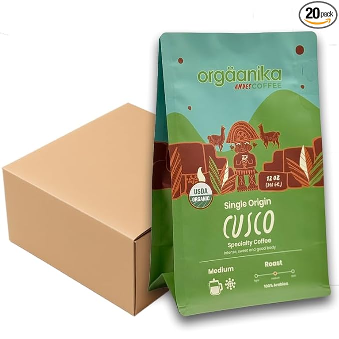 New Orgaanika Andes Cusco (Peru) | Gourmet Organic | Specialty Single Origin | Medium Ground | Best for Drip V60 and Chemex Brewing | Pack of 20 (12 oz. bags best for restaurants and coffee shops)
