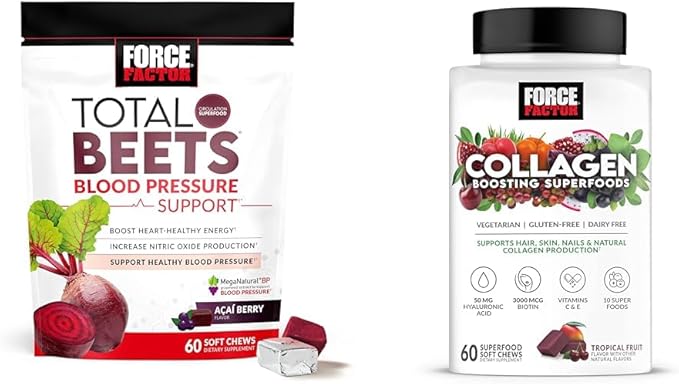 Force Factor Total Beets Blood Pressure Support 60 Chews and Collagen Boosting Superfoods 60 Soft Chews for Heart Health Skin Hair and Nails