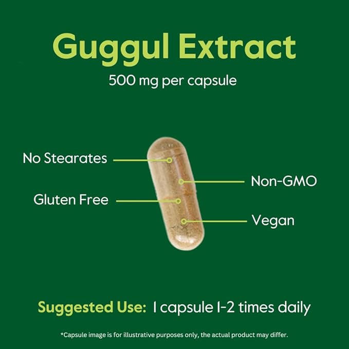 Guggul Extract 500mg (120 Vegetarian Capsules) - Backed by Clinical Research Patented and Standardized Enhanced by Bioperine - No Fillers - No Stearates - Vegan - Non GMO - Gluten Free