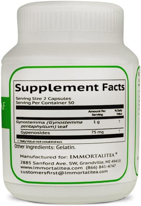 Immortalitea Gynostemma Capsules (Jiaogulan) - Whole Leaf Full Spectrum - Natural Adaptogen &amp AMPK Activator Supplement - Veggie Capsules - 100 Count 500mg