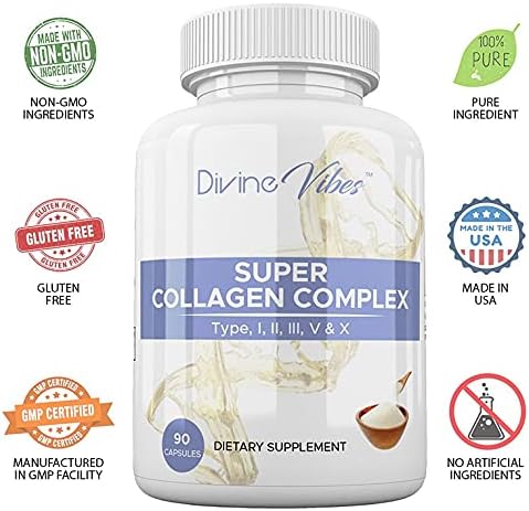 Divine Vibes Multi Collagen Plus Pills (Type I II III V X) for Anti-Aging Hair Skin Nails and Joint Support 30 Day Supply