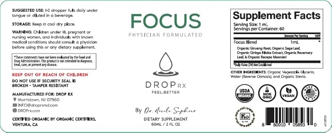 DropRx Focus Liquid Drop Supplement for Memory Brain Support Clarity &amp Focus - Ginkgo Biloba and Ginseng Organic Herbal Blend - Made in USA by Dr. Nicole Saphier (2fl.oz)