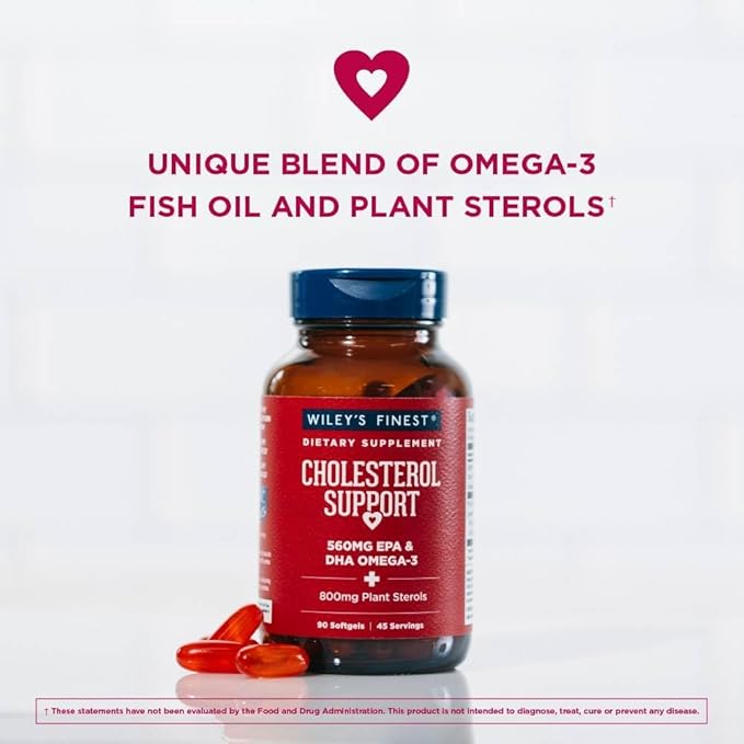 Wiley's Finest Wild Alaskan Fish Oil Cholesterol Support - Heart Health Supplement for Men and Women - 560mg Omega-3s - 90 Softgels (45 Servings)