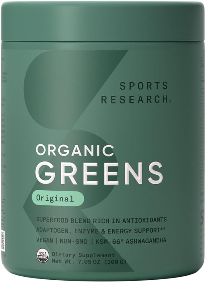Sports Research® Organic Greens Superfood Powder w/Spirulina &amp Chlorella Adaptogens Enzymes Probiotics &amp 8 VIT Bs &amp Creatine Monohydrate &amp Collagen eptides Unflavored Hydrolyzed T