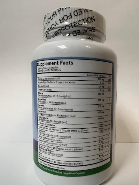 Eye Health Vitamins with Bilberry Lutein &amp Zeaxanthin Lycopene Resveratrol Grape Seed Extract Flaxseed Astaxanthin- AREDS 2-120 Capsules