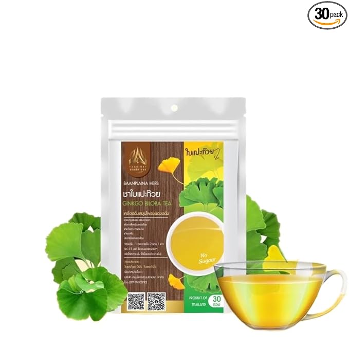 Thai Herbal Tea Bags for Relaxation and Wellness 30 Sachets Hot Tea Blend (Ginkgo Biloba)