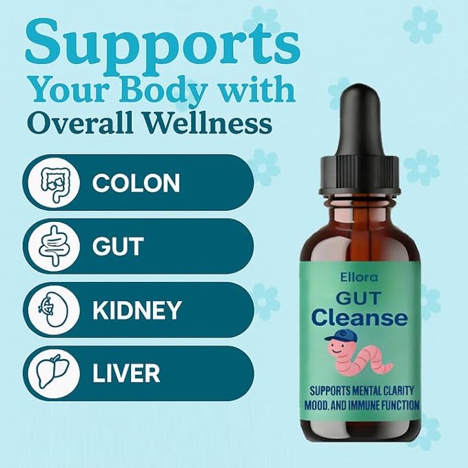Ellora Gut Cleanse Drops Gentle Gut and Colon Support for Black Walnut Hull Wormwood Clove Oregano Licorice Root | 30 Servings