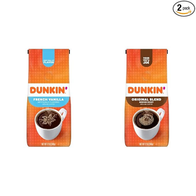 Dunkin' French Vanilla Flavored Ground Coffee and Original Blend Medium Roast Ground Coffee 12 Ounces