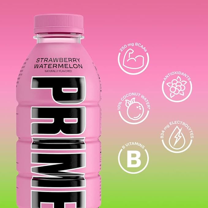 PRIME Hydration STRAWBERRY WATERMELON Sports Drinks Electrolyte Enhanced for Replsnishing Fluids 250mg BCAAs B Vitamins Antioxidants Low Sugar 16.9 Fl Oz 12 Pack