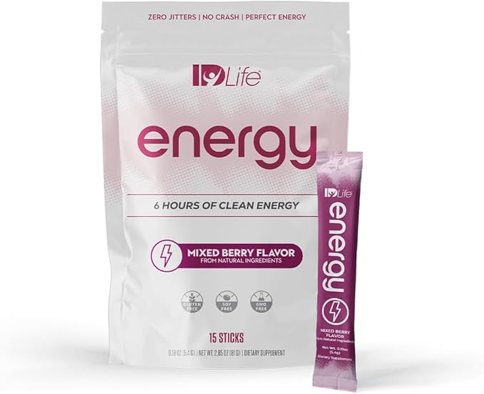 IDLife Energy - Mixed Berry - Sustained Power Boost with Powder Healthy Drink for Work Gym &amp Daily Use 6 Hours of Boost - 15 Sticks per Bag