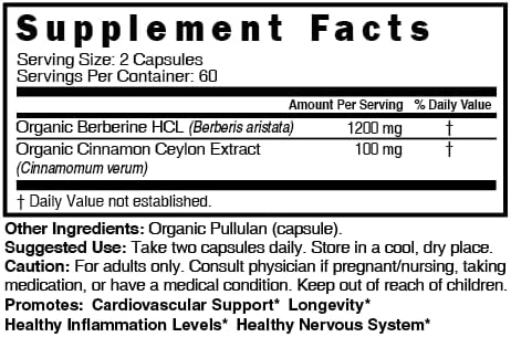 Nature's Fusions Nutri USDA Berberine with Ceylon Cinnamon Extract 1300mg - Berberine HCL - 100mg Organic Supplement - 120 Capsules (60 Servings) Vegan Gluten Free