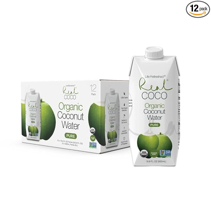 Real Coco Organic Pure Coconut Water 500mL 100% USDA Organic Coconut Water Packed with Electrolytes Dairy/Soy Free Vegan Plant Based (12-pack 500L) *PACKAGING MAY VARY*