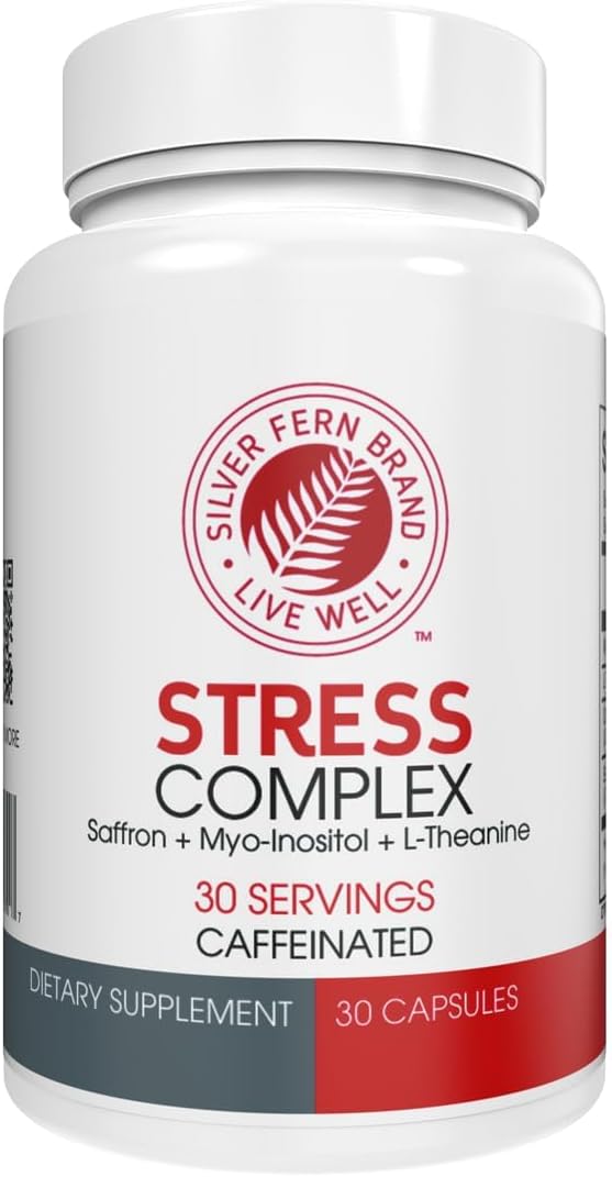 Silver Fern Stress Complex Supplement - with Caffeine - Sleep Worry Mood &amp More - with Saffron Supplements L-Theanine Supplement and Myo-inositol - Natural Stress Relief Supplements - 30 Servi