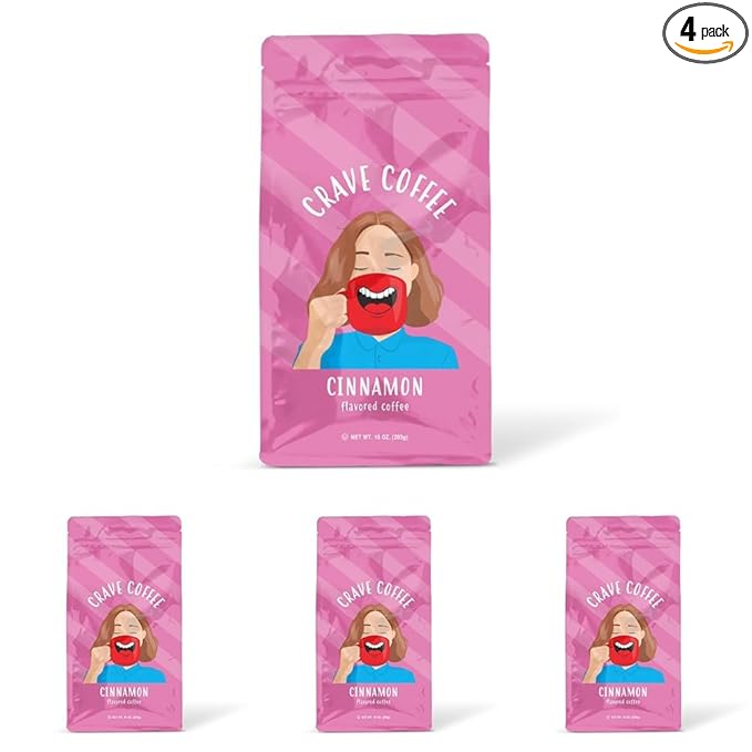 Crave Beverages Flavored Ground Coffee Bag Cinnamon – Flavorful and Fun Brew Made with 100% Arabica Beans - Flavor Enhanced 10 Oz (Pack of 4)