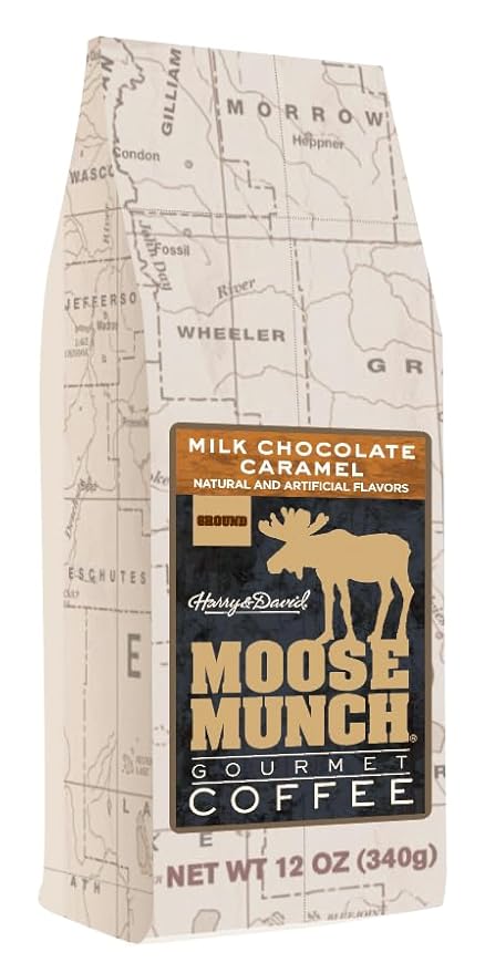 Moose Munch Milk Chocolate Caramel Ground Coffee – 2 Pack 12 oz Bags – Rich Chocolate &amp Creamy Caramel Flavored Coffee
