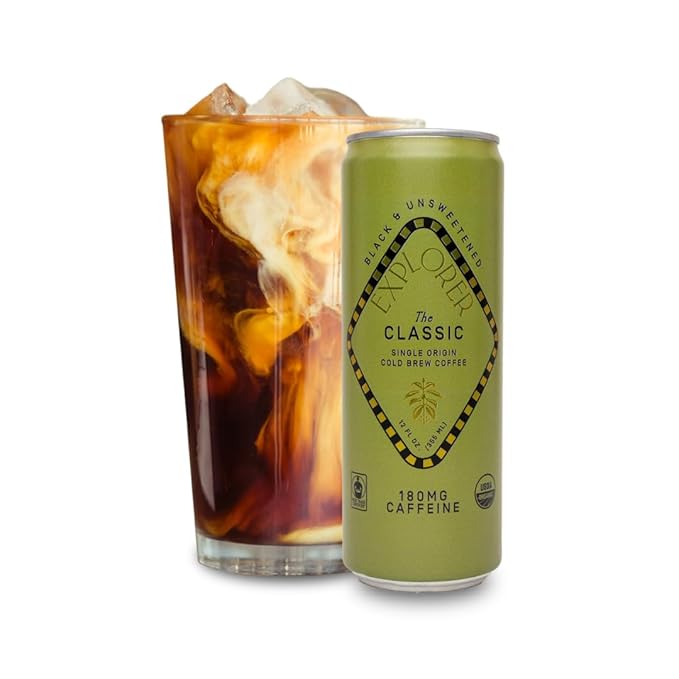 Explorer Classic Ready-to-Drink Organic Cold Brew Coffee with 180 mg of Caffeine per Serving Black Unsweetened and Fair Trade 12 fl oz (Pack of 12)