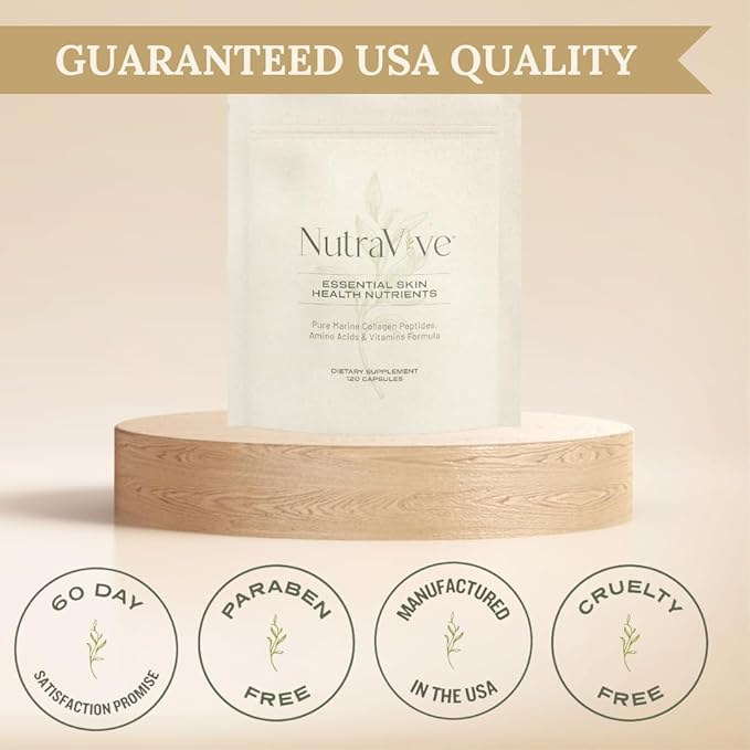 NutraVive Essential Skin Health Nutrients – Hydrolyzed Morikol® Marine Collagen Peptides Amino Acids &amp Vitamins - Promote Firm Reduce Wrinkles &amp Enhance Skin Elasticity - 120 Capsules