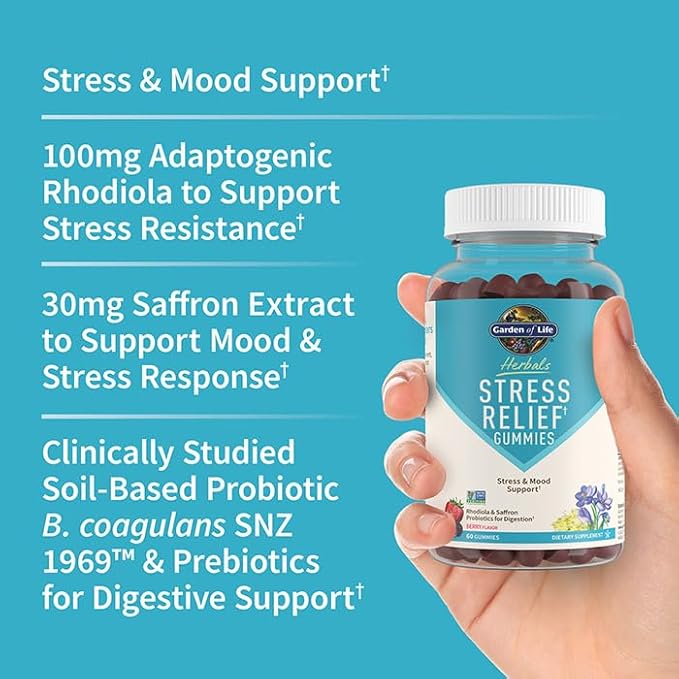 Garden of Life Herbals Stress Relief Gummy with Rhodiola &amp Saffron for Positive Mood &amp Stress Response Plus Prebiotics &amp Probiotics for Digestive Support Gluten-Free Berry Flavor 30 Ser