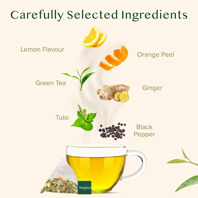 VAHDAM Lemon Ginger Tea Bags (100 Green Tea Bags) Low Caffeine | Fruity Flavor - Zesty Lemon &amp Ginger Orange Peel | Resealable Ziplock Pouch | Brew Hot or Iced Tea