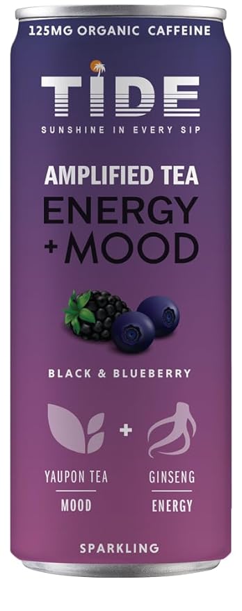 TIDE Yaupon Tea Premium Brewed Clean Energy with 125mg Caffeine - Ginseng Health Drink - Organic Fruit Juice &amp Green Tea - Healthy Morning Boost Beverage Low Calorie 12 pack (12 oz Black and Bl