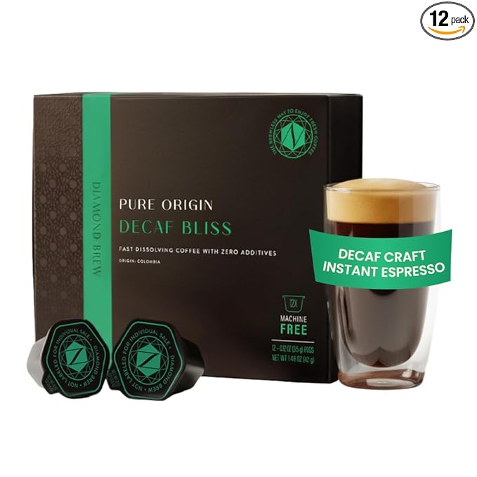 Luxury Instant Espresso - Decaf Hot or Iced Instant Coffees Cold Brew Coffee Double Shot Espresso 12 Count 100% Arabica Sugar Free No Additives - Original Diamond Brew
