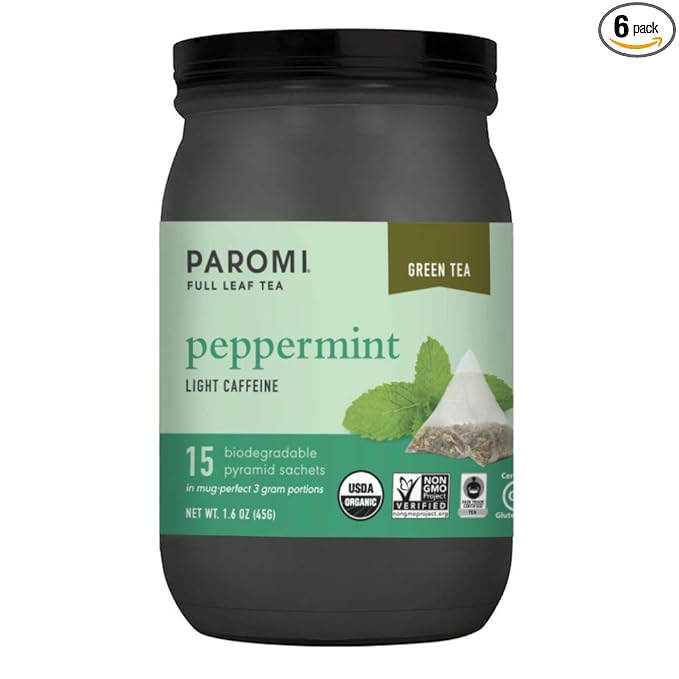 Paromi Tea Organic Peppermint Green Tea Non-GMO 15 Pyramid Tea Bags (Pack of 6)