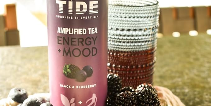 TIDE Yaupon Tea Premium Brewed Clean Energy with 125mg Caffeine - Ginseng Health Drink - Organic Fruit Juice &amp Green Tea - Healthy Morning Boost Beverage Low Calorie 12 pack (12 oz Black and Bl