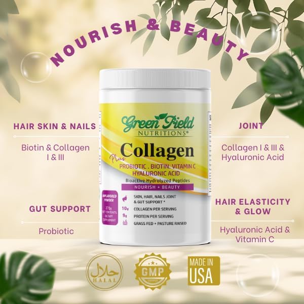 Greenfield Nutritions Halal Collagen Peptides Powder - 9g Halal Protein Probiotic Biotin Hyaluronic Acid &amp Vitamin C - 270g Halal Collagen for Women &amp Men - Supports Hair Skin Nails Joint