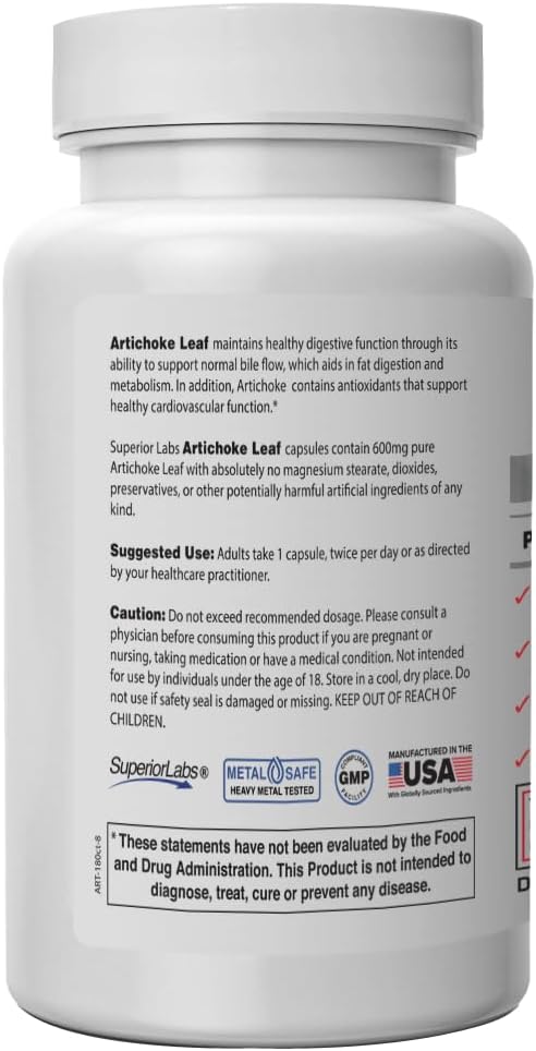 Superior Labs – Artichoke Leaf NonGMO Powerful with Caffeoylquinic Acid Natural Dietary Supplement to Support Healthy Metabolism Digestion Antioxidant – 600 mg Dosage – 180 Veg Caps