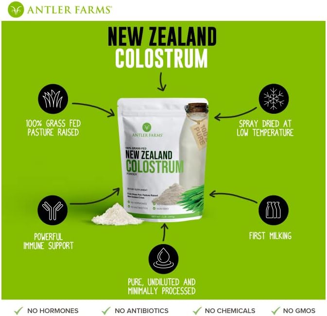 Antler Farms 100% Pure New Zealand Colostrum 30 Servings 1 lb - Grass Fed Pasture Raised Clean Sourced Cold Processed Undiluted High IgG Content