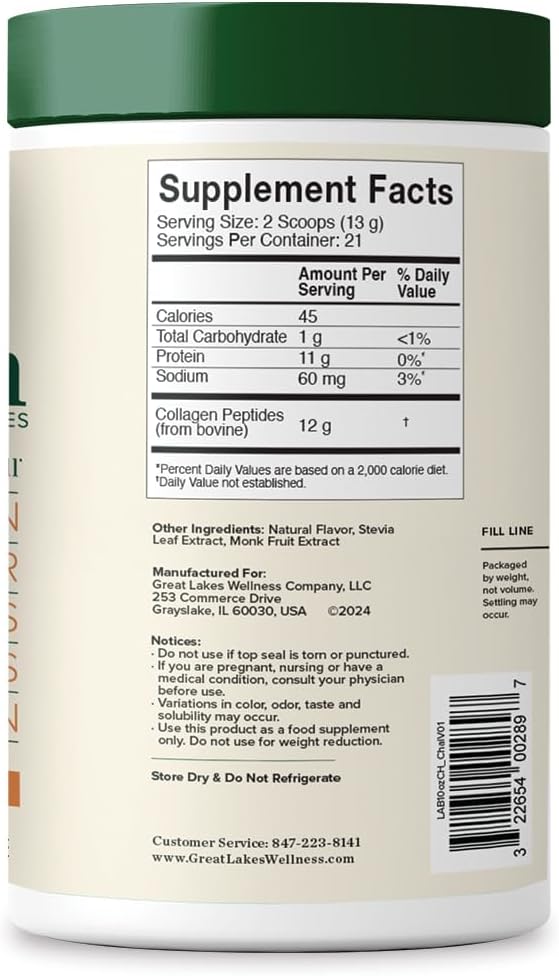 Great Lakes Wellness Collagen Peptides Powder for Skin Hair Nails Joints &amp Digestion - Chai Flavored - Quick Dissolve Hydrolyzed Non-GMO Kosher - 10 oz