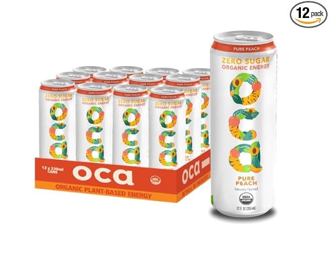 OCA ZERO Pure Peach Organic energy drink zero sugar gluten-free vegan plant-based 12 Fl Oz (12-pack)