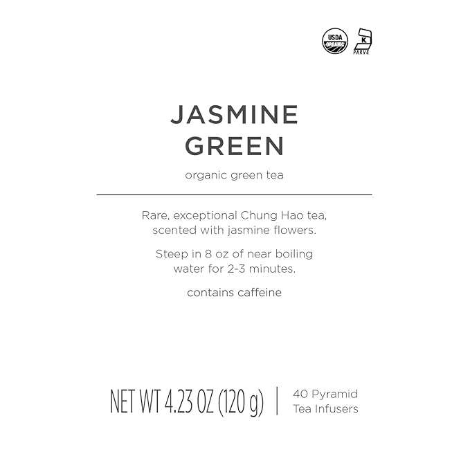 Tea Forte Jasmine Green Premium Organic Caffeinated Green Tea Blend Event Box Bulk Pack 40 Count 10 per tray Individually Wrapped Handcrafted Pyramid Infusers