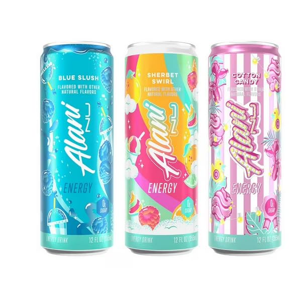 Alani. Nu Energy Drink Slush Variety Pack| (Pack Of 18) | 3 Different Flavors : Blue Slush Sherbet Swirl and Cotton Candy -12 fl. oz