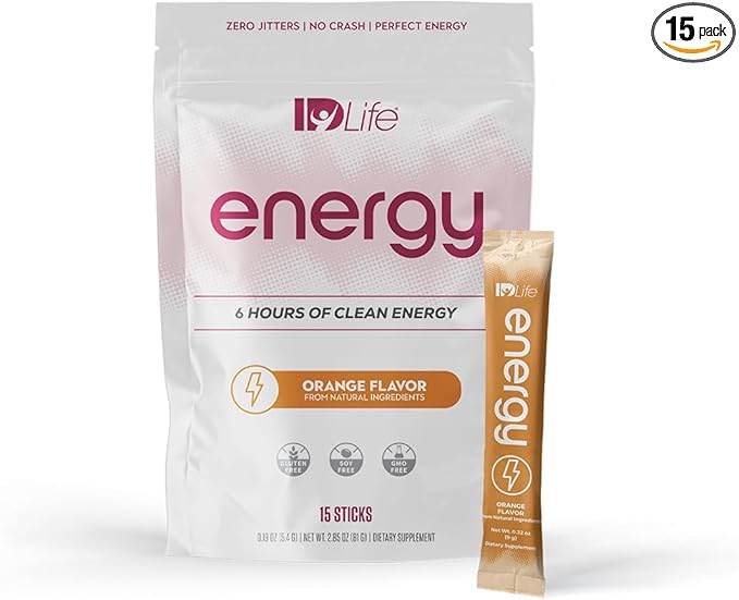 IDLife - Orange Energy Drink Powder - Sustained Energy Boost for Work Gym and Daily Use - 6-Hour Boost No Jitters or Crash - 15 Sticks Per Bag