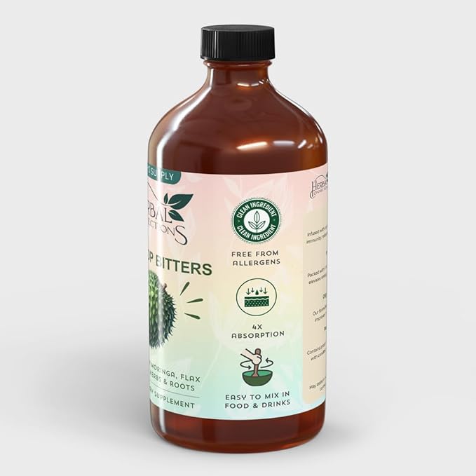 Soursop Bitters Liquid 32 Ounces - 64 Servings - 20 Herb Formula with Soursop Moringa Sea Moss Turmeric Ginger &amp Cayenne | Gut Health Natural Cleanse &amp Daily Wellness | Vegan &amp Organi
