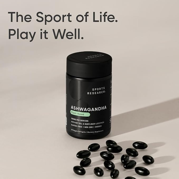 Sports Research® Ashwagandha Softgels with Coconut MCT Oil - Natural Adaptogen Made with Shoden® Ashwa for Relaxation Calm &amp Sleep Support - Gluten Free &amp Vegan Friendly - 60 Count
