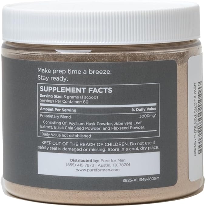 Pure for Men Original Cleanliness Stay Ready Fiber Supplement Powder | Helps Promote Digestive Regularity | Psyllium Husk Aloe Vera Chia Seeds Flaxseeds | Proprietary Formula | 180 gm Vegan Blend
