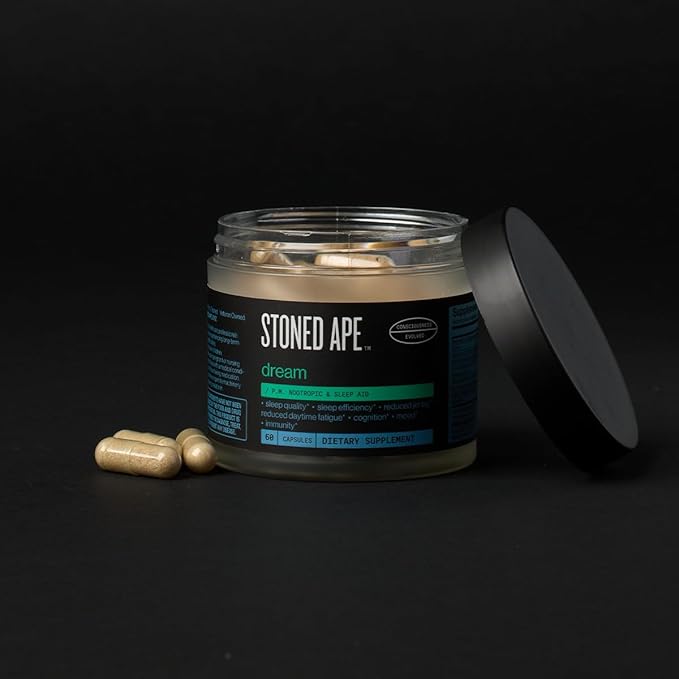 Stoned Ape Dream - Nootropic &amp Adaptogen Sleep Aid - Supports Sleep &amp Recovery - Venetron Valerian Root Melatonin Mg GABA Lemon Balm Shiitake - Keto Paleo Vegan - NSF Sport Certified